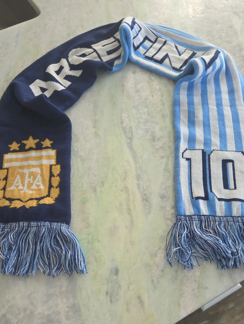 Argentina / Messi Svarh Navy and Gold Crest Knit Scarf with Fringe Accent